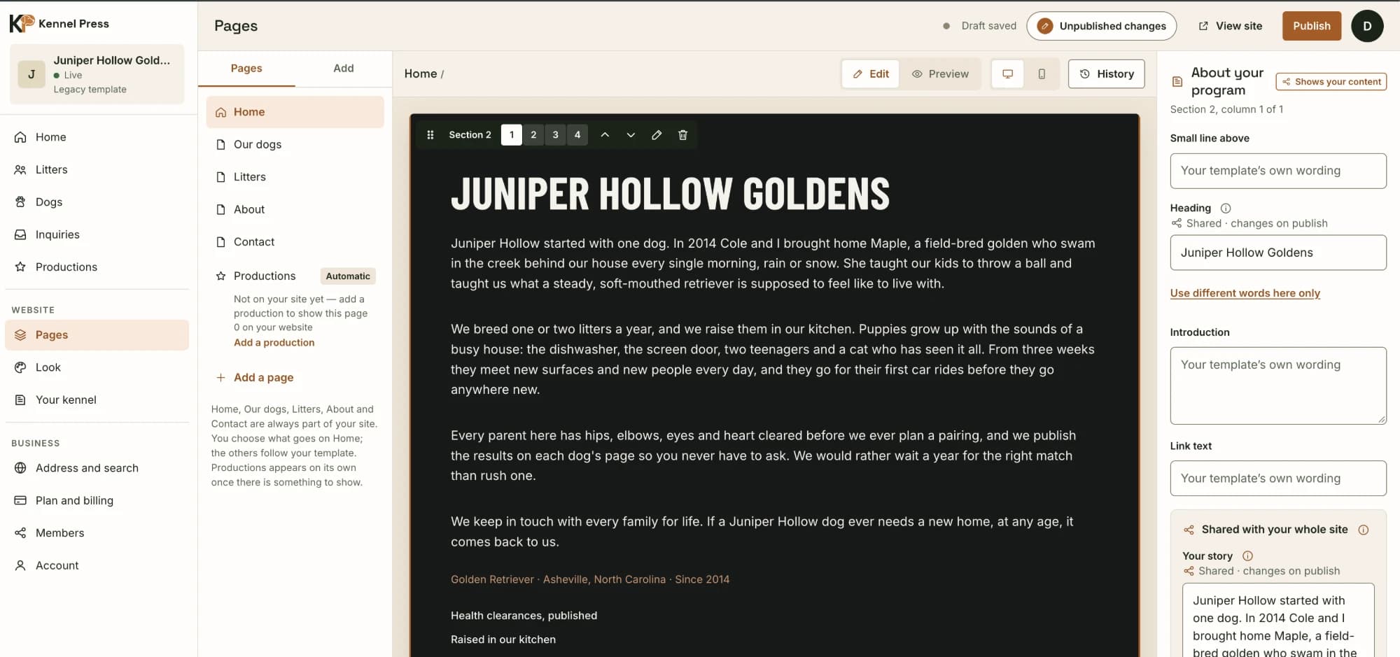 A homepage section selected in the page editor, with its toolbar of column buttons, Up, Down, Section settings and Remove above it, and the selected piece's settings in the right panel