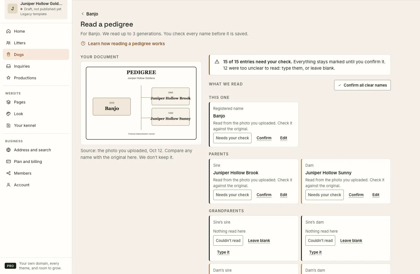 The pedigree reading review with the uploaded document, a count of entries to check, and Confirm and Edit controls beside each name