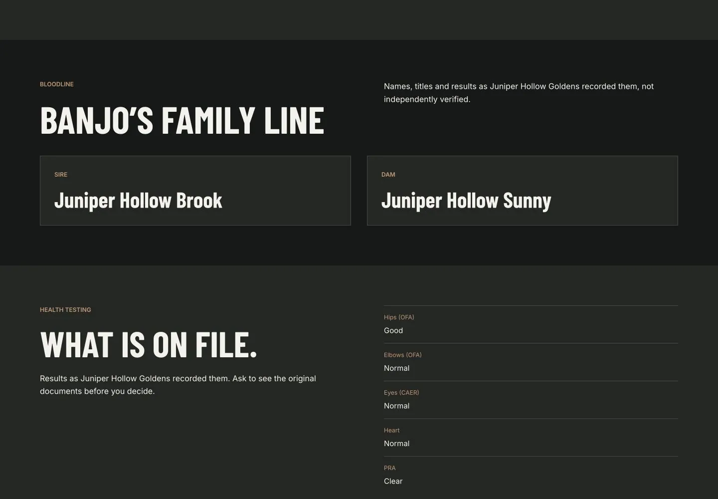 Banjo's published family line showing Juniper Hollow Brook as the sire and Juniper Hollow Sunny as the dam above the recorded health results