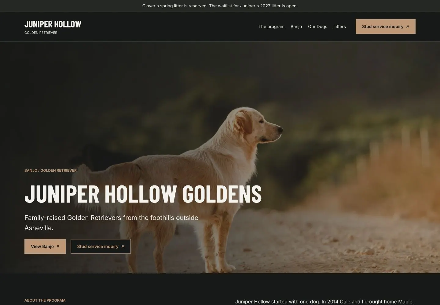 The published Juniper Hollow homepage on a desktop, with the program name and two actions over a wide photo of Banjo