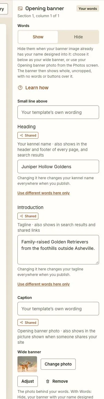 The opening banner settings panel with Words set to Show, the Juniper Hollow heading and introduction, and the Wide banner photo controls