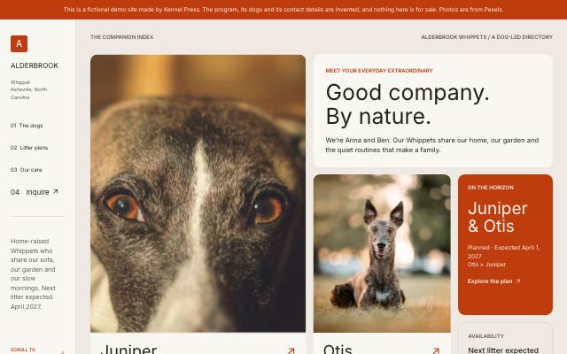 The Alderbrook Whippets demo home page using The Companion Index dog breeder website template