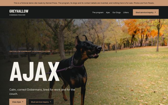 The Greyhallow Dobermans demo home page using the dark Legacy dog breeder website template