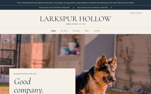 The Larkspur Hollow Shepherds demo home page using the warm Homestead dog breeder website template