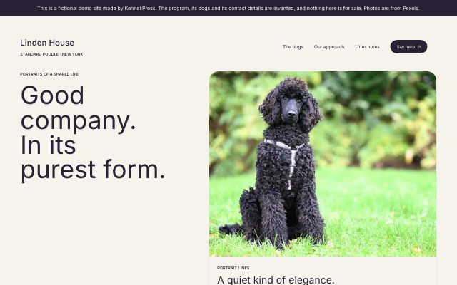 The Linden House Poodles demo home page using the airy Sculpture dog breeder website template