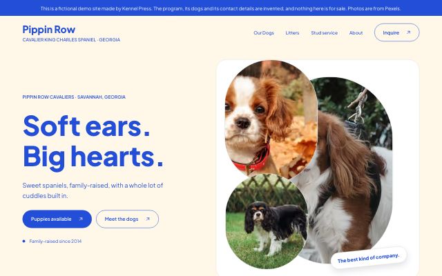The Pippin Row Cavaliers demo home page using the bright Happy Pack dog breeder website template