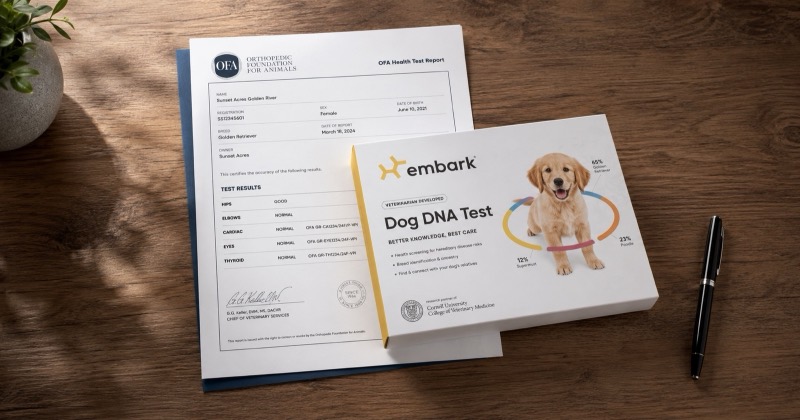 An OFA certificate beside an Embark dog DNA test kit