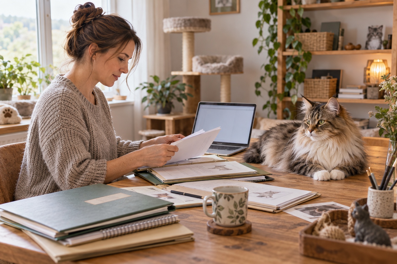 A cat breeder reviewing pedigree and health records beside an adult cat