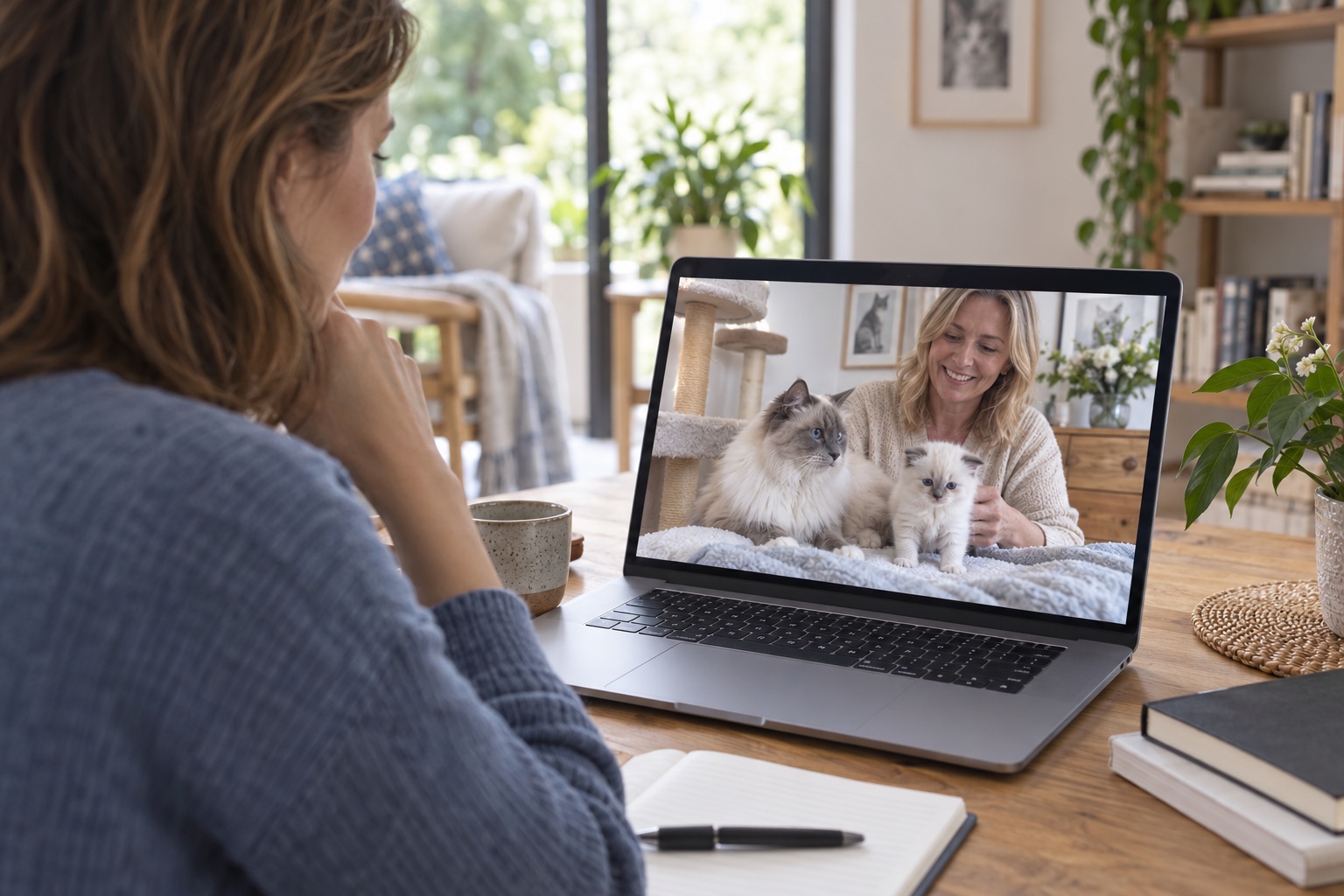 A prospective kitten buyer verifying a breeder and litter on a live video call